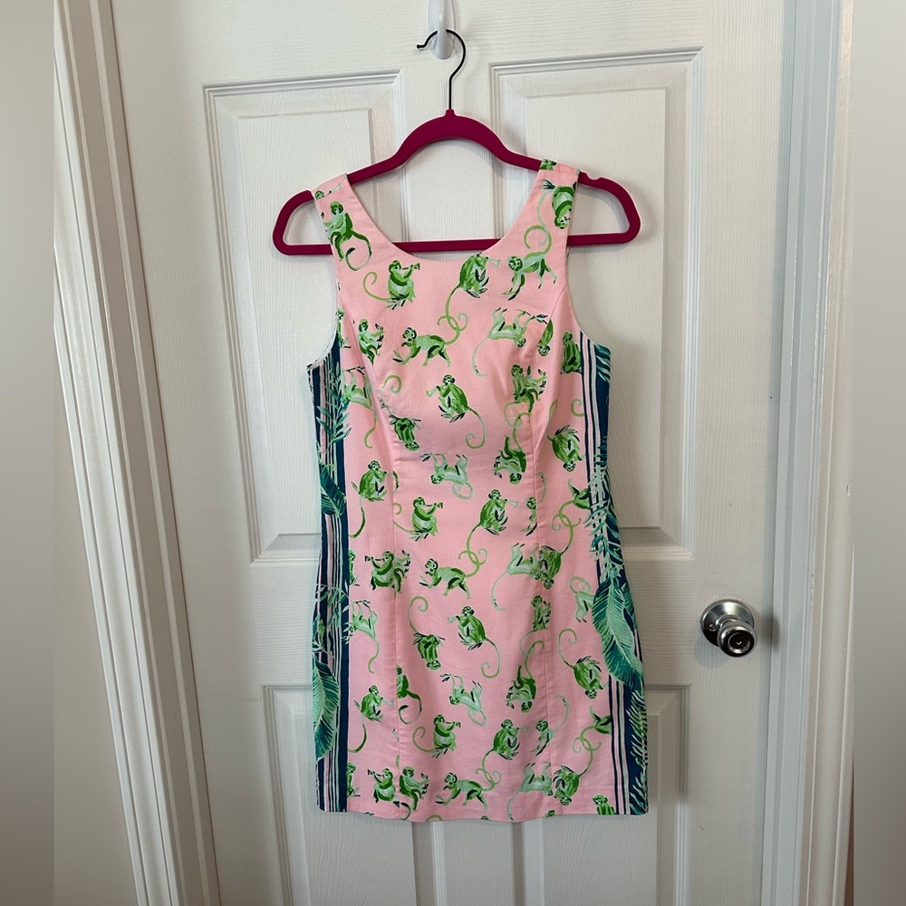 Lilly Pulitzer Pink Mini Dress with Green Frog Print and Navy Panels